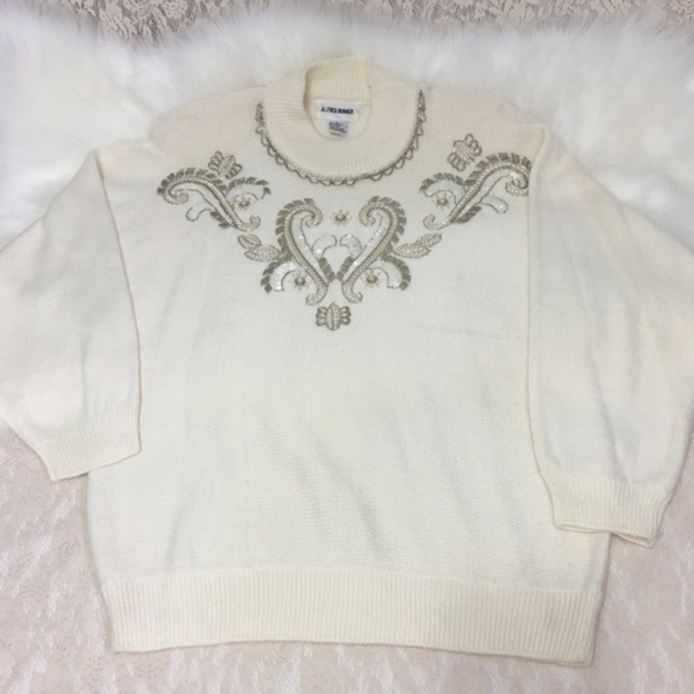 Alfred Dunner Vtg Xmas Sweater Embroidery Cottage Core Log Cabin Holiday Large
